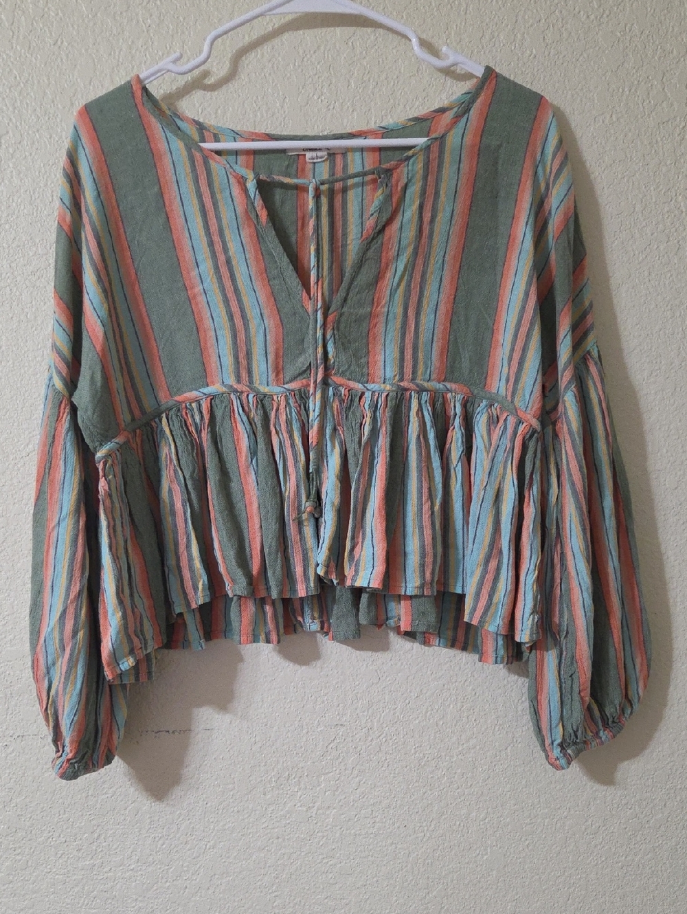 O'Neill Striped Peasant Tunic in Green, Coral & Blue Crop Top